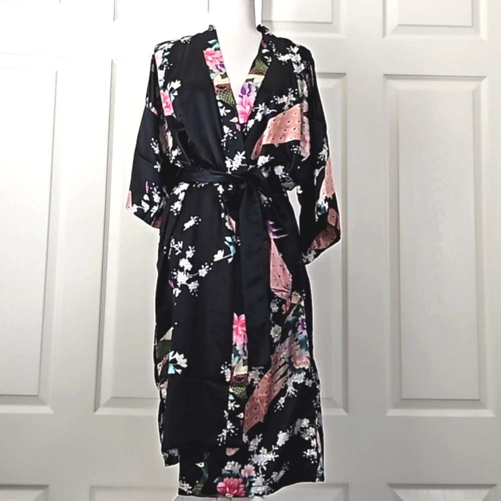 Women's Black Satin Floral Kimono Robe with Pink Accents